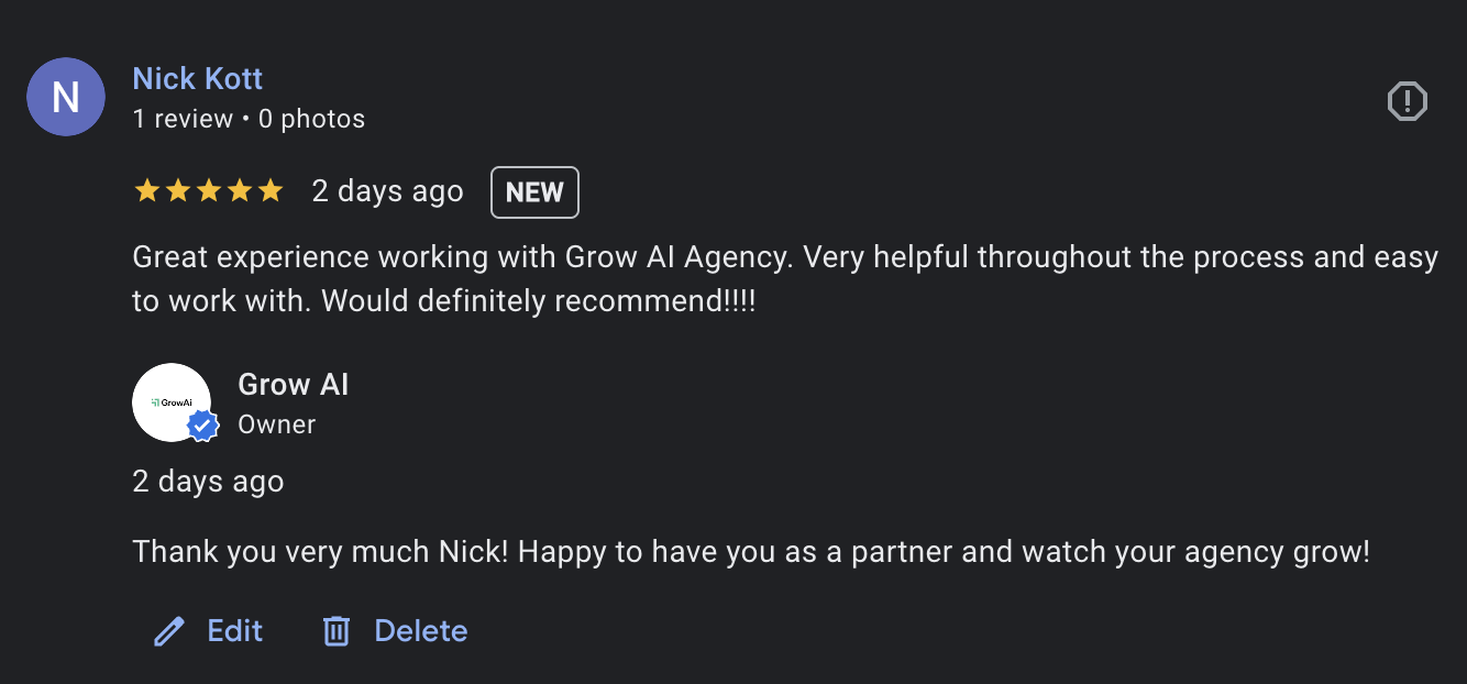 Nick Kott Google Review for Grow AI - Grow AI Jake Arnold reviews and testimonials